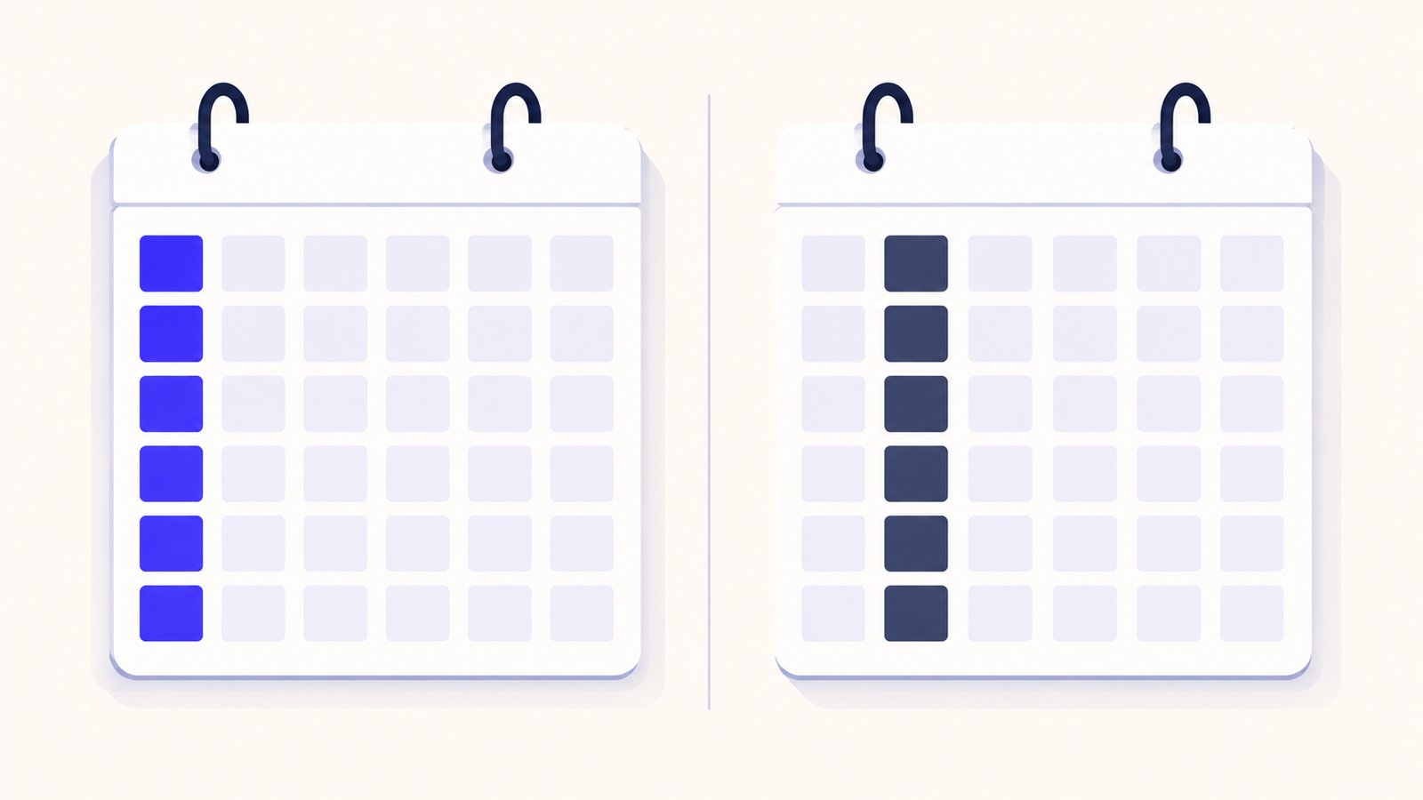 Two side by side calendar grids showing a Monday-start week next to a Sunday-start week